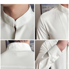 Threebooy New Chinese Style Standing Collar Long Sleeved Shirt with High-end Feel High Elasticity and No Trace Standing Collar Shirt