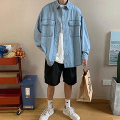 Threebooy Men's Long Sleeve Classic Hawaiian Cargo Shirts Pocket Loose Denim Shirts Fashion Trend Coats Blue Color Camisa Masculina