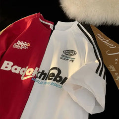 Threebooy Hip Hop Short-sleeved T-shirt for Men and Women, Handsome Extra-large Size Spliced Racing Suit Casual Sports Punk Letter Shirt