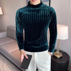 Threebooy Brand Clothing Men Spring High Quality Slim Long Sleeve T-shirt/Male High Collar Warm Striped Bottom Shirt Fashion T-shirts