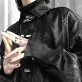 New Chinese Style Dragon Pattern Jacquard Silk Shirt For Men Casual Metal Buckle Dull Black Aesthetic Neutral Loose-fit Shirt