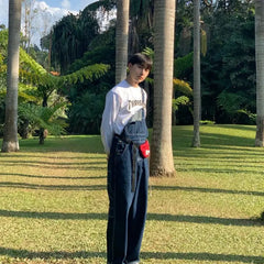 Threebooy American Retro Large Size Denim Overalls Men's Loose Trend Korean Style Fashion 2025 New High-end Straight Suspender Jumpsuit