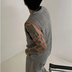 Threebooy New Men Casual Hollow Out Tank Tops Leisure Splicing Solid Color Sleeveless Tees Fashion Streetwear Fitness Stretch Knitted Vest