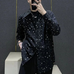Threebooy Mens Shirts Night Sky Print Shirts Summer Streetwear Light Breathable Campus Performance Long Sleeve Tops Men'S Clothing