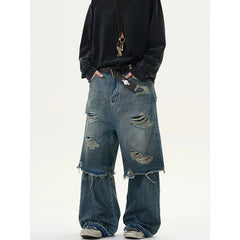 Threebooy Blue Vintage Ripped Harajuku Loose Fit Jeans Y2K Hollow Out Wide Leg Trashy Pants Women's Baggy Tassel Street Denim Trouser