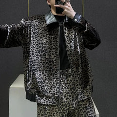 Threebooy Mens Y2k Plush Leopard Print Temperament Jacket Autumn Fashion Streetwear Personality Performance Trousers Men'S Clothing