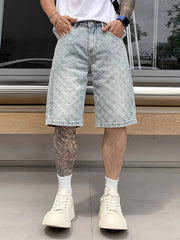 Threebooy Summer Thin Design Ripped Five-Point Pants Loose Casual Mid-Length Pants American Retro Jacquard Denim Shorts for Men