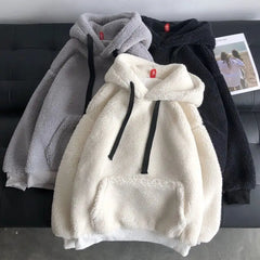 Threebooy Women's Korean Style Fleece Hoodie Thick Warm Loose Long Sleeve Pullover Couple Matching Winter Tops