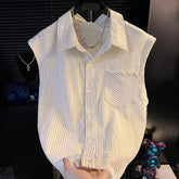 Threebooy Men's Loose Sleeveless Shirt Waistcoat Korean Version Summer New Fashion Fashion Contrast Stripe Design Trendy Short-sleeved Top