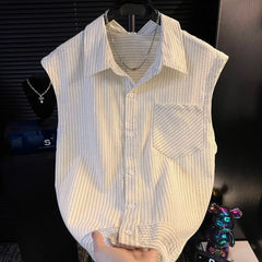 Threebooy Men's Loose Sleeveless Shirt Waistcoat Korean Version Summer New Fashion Fashion Contrast Stripe Design Trendy Short-sleeved Top