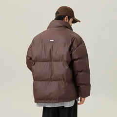 Threebooy American retro thick PU leather short cotton jacket winter version stand up collar cotton jacket warm jacket