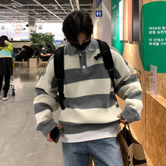 Threebooy New Fashion Striped Men Polo Sweater Light Luxury Korean Popular Knitwear Premium Quality Long Sleeve Pullover Trendy Streetwear