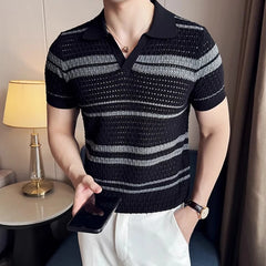 Threebooy New Fashion Hollow Out Polo Shirt Luxury Men's Clothing Korean Style Leisure V Neck Short Sleeve Patchwork Breathable Knitwear