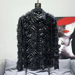 Threebooy Mens Shirt Y2k Hollow Feather Tassel Shirt Streetwear Niche Personality Breathable Nightclub Trend Tops Men'S Clothing