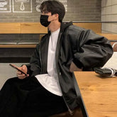 Threebooy Men's Hooded PU Leather Jackets High Street Patchwork Solid Color Double Zipper Baggy Male Short Coats Spring New