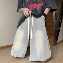 Threebooy Loose Fit Denim Shorts men Elastic Waist Drawstring Washed Casual Summer Vintage Distressed Streetwear Comfort Stretch Fashion