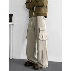 Threebooy Spring Unisex Loose Wide Leg Cargo Pants Elastic Waist Side Pocket Workwear Casual Wear Trendy Men Women Outdoor Comfort Pleats