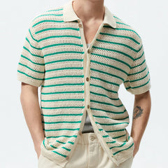 Threebooy Men's Polo Shirt Light Luxury Knitted Clothing Popular Vintage Striped Short Sleeve Fashion Leisure Hollow Out Knitwear M-3XL