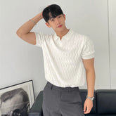 Threebooy Summer Clothing Men's Light Luxury Knitted Jacquard Polo Shirt V-Neck Solid Color Short-sleeved Korean Popular Leisure Knitwear