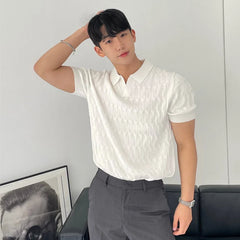 Threebooy Summer Clothing Men's Light Luxury Knitted Jacquard Polo Shirt V-Neck Solid Color Short-sleeved Korean Popular Leisure Knitwear
