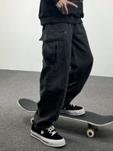 Threebooy Dark Straight Jeans Men's Korean Autumn Winter Kpop Vintage Black Denim Pants Women Popular Washed Loose Cargo Trousers