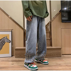 Threebooy Men Jeans 2024 Spring Fashion Flame Embroidery Neutral Loose Straight Casual Simple Wide Leg Denim Trousers Male Hip Hop Pants