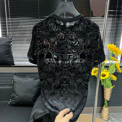 Threebooy Trendy Jacquard Hollow T-shirts Men Ice Silk Breathable See Through Round Neck T-shirt Short Sleeve Casual Social Nightclub Tee