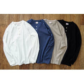 Threebooy Tops & Tees Henley Tee Mans T-shirt Long Sleeve Henry Collar Pure Cotton Solid Color 230g Loose Fit