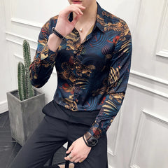 Threebooy Men Shirt Long Sleeve Hawaiian Social Luxury Button Up Cardigan Blouses Single Breasted Turn-down Collar Broad