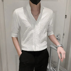 Threebooy Men's Business V-Neck Casual Long Sleeve Shirts/Male Slim Fit High-End Dress Streetwear Social Blouse Shirts Black White