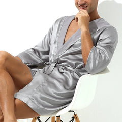 Threebooy Hot Selling Men Summer Bathrobe Male Silk Short Sleeve Bath Robe Sexy Mens Dressing Gown Bathrobes(No shorts)