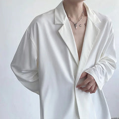 Threebooy Korean Men Solid Color Lapel Double-breasted Casual Shirt Fashion Long Sleeve Tops Streetwear Loose Leisure Camisa Masculina