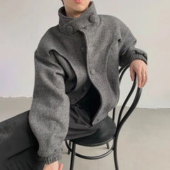 Threebooy American Retro Thick Woolen Coat Men Autumn And Winter Fashion Casual Loose Short Stand Collar Y2k Woolen Jacket Mens Clothing