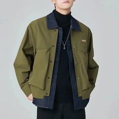 Threebooy Mens High-Grade Denim Patchwork Jacket Coat Spring And Autumn New Fashion Trend Loose Lapel Fake Two-Piece Workwear Tops Men