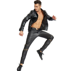 Threebooy New Open Zipper Design PU Leather Pants Men'sCasual Party Motorcycle Wear pantalon de cuero para hombre faux leather pants men