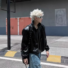 Threebooy Spring Autumn Leather Jacket Men's Retro Design High End Shoulder Padded Motorcycle Jacket Short
