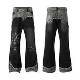 Threebooy Color Match Embroidery Washed Mens Jeans Pants Vintage Streetwear Patchwork Boot Cut Oversized Ropa Hombre Denim Trousers