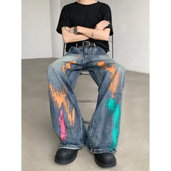 Threebooy Men's Graffiti Jeans Fashion Spray Paint Personality Hip-hop Streetwear Male Clothing Loose Casual Youth Denim Mopping Trousers