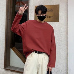 Threebooy Cotton Long Sleeved T-shirt Men Solid Color Round Neck T Shirt Men Streetwear Loose Casual T Shirt Mens Top Large Size 5XL