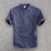 Threebooy Men's Casual Cotton Shirt Short Sleeve Blouse Tops Summer Botton Pinstripe Holiday Shirt Comfortable Handsome Men Henley Shirt