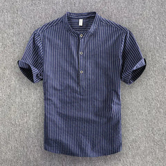 Threebooy Men's Casual Cotton Shirt Short Sleeve Blouse Tops Summer Botton Pinstripe Holiday Shirt Comfortable Handsome Men Henley Shirt
