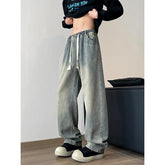 Threebooy Men's Jeans Elastic waist pull rope Korean Fashion Spring Straight Denim Pants Washed Cotton Retro Wide Leg Jean Trousers