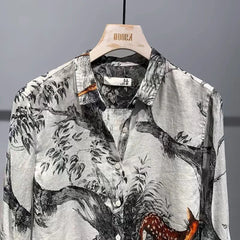 Threebooy Mens Shirt Printed Animal Ink Painting Thin Shirt Summer Men's Short Sleeved Casual Shirt Handsome Blouse Men's Clothing