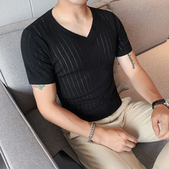 Threebooy Men's Summer Casual Knitting Ice Silk T-shirt/Male Slim Fit V-Neck Short Sleeve T-Shirt Slim Fit Tees Plus Size S-4XL