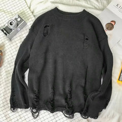 Threebooy Spring Popular Ulzzang Hole Sweater Men's Bf Style Line Clothes Korean Version Couple Top Jacket Casual Scene Crew Neck
