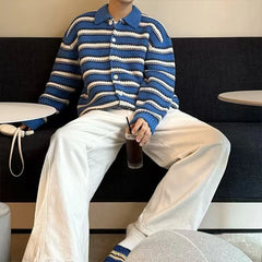 Threebooy American Striped Cardigan Coat Light Luxury Knitted Lapel Long Sleeve Men Sweater Jackets Autumn Leisure Premium Knitwear M-3XL