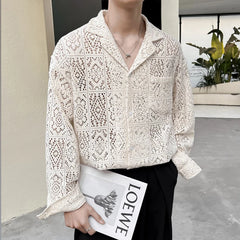 Threebooy New Chic Men Hollow Out Cardigan Tops Light Luxury Korean Style Long Sleeve Shirts Casual Retro Solid Color Button-down Blouse