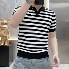 Threebooy Summer Striped Knitted Polo T-shirts Men Short Sleeve Casual Business Lapel Tshirt Slim Fit Ice Silk Breathable Knitwear