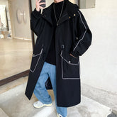 Threebooy Hooded Trench men Autumn Coat 2025 AW Mid Length Outdoor Casual Trendy Youth Topstitching Patch Pockets Unique Fashion