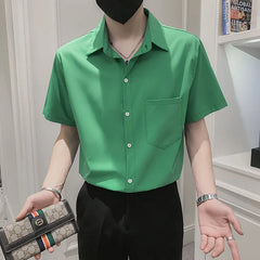 Threebooy Summer Men's Fashion Short Sleeve Shirts Youth Loose Lapel Shirt College Style White/Green Black Color Retro Shirts S-3XL